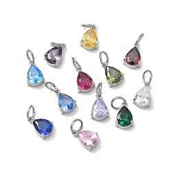 Stainless Steel Color 304 Stainless Steel Pave Cubic Zirconia Charms, Single Stone Charms, Teardrop Charms, Mixed Color, Stainless Steel Color, 11x7x5mm, Hole: 4mm, about 12pcs/set