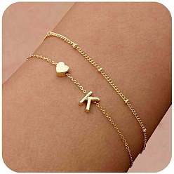 Letter K 2шт. 2 стили браслеты из латунных бусин и цепочек-спутников для женщин, письмо и сердце, золотые, Письмо K, 6.30 дюйм (16 см)