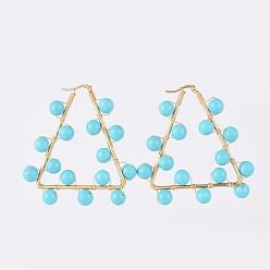 Himmelblau Perlenohrringe, Schale mit Perlen, 304 Edelstahlfunde und Kupferdraht, Dreieck, golden, Himmelblau, 62x61x18 mm, Stift: 0.7x1 mm