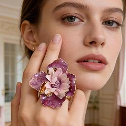 Rosy Brown Iron & Plastic & Enamel Cuff Open Rings, Flower, Golden, Rosy Brown, 18mm