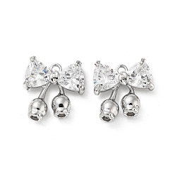 Real Platinum Plated Rack Plating Brass Pendants, with Clear Glass, Bowknot Charms, Real Platinum Plated, 14x13x4mm, Hole: 1.4mm