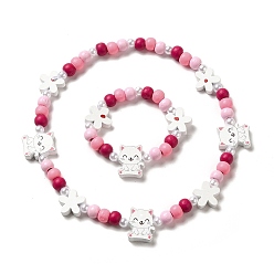 Cat Shape Ensemble de bijoux en bois d'érable et acrylique, collier de perles et bracelet extensible pour enfants, forme de chat, bracelet : diamètre intérieur : 1-5/8 pouce (4 cm), collier: 15-3/4 pouces (40 cm)