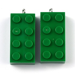 Green Opaque Acrylic Pendants, with Platinum Iron Loop, Long Rectangle Building Block Charms, Green, 36x16x11.5mm, Hole: 1.5mm