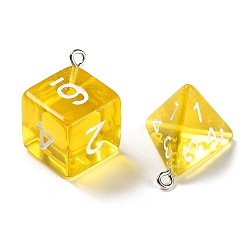 Gold 7Pcs 7 Styles Transparent Resin Polyhedral Dice Pendants Set, Multi-Sided Dice Charms with Platinum Plated Iron Loops, Mixed Shapes, Gold, 20~28x19~24x17~24mm, Hole: 2mm, 1pc/style