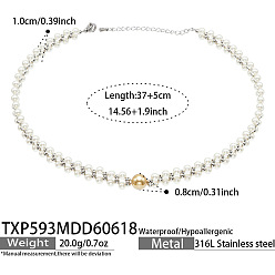 Stainless Steel Color White Shell Pearl 316L Surgical Stainless Steel Woven Beaded Necklaces for Women, Round, Stainless Steel Color, 14.57 inch(37cm)