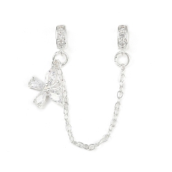 Бабочка Латунные паве прозрачные кубические цирконии европейские защитные цепи с подвесками, долговечный, стойки покрытие, серебро , бабочка, 83 мм, отверстие : 5x3 мм, Бабочка: 16x13x3 mm