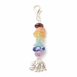 Mixed Stone Chakra Theme Natural Gemstone Pendant Decorations, with Alloy Lobster Claw Clasps, Elephant Pendant, 5.85cm
