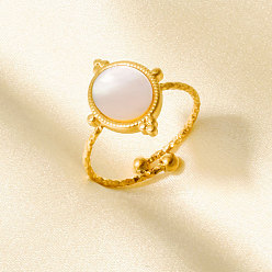 Настоящее золото 18K 304 Открытые кольца-манжеты из нержавеющей стали с натуральными ракушками для женщин, круглые, реальный 18 k позолоченный, 16 мм, внутренний диаметр: 17 мм