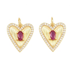 Oro Colgantes de circonita cúbica rojo violeta medio micro pavé de latón, encantos del corazón, sin plomo y cadmio, chapado en rack, larga duración plateado, dorado, 15.5x13.5x3 mm, agujero: 3 mm