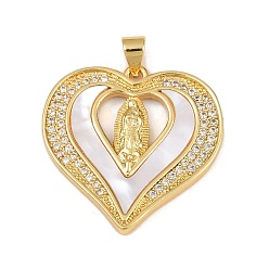Настоящее золото 18K Латунные микро проложить кубического циркония подвески, без кадмия и без свинца, с оболочкой, Сердце с Девой Марией, реальный 18 k позолоченный, 26.5x27x2.5 мм, отверстие : 5x3.5 мм