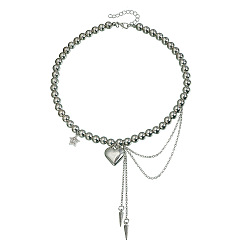 Платина Подвеска в виде звезды и сердца из сплава с кристаллами и стразами, пластиковые круглые бусы для женщин., платина, 16.14 дюйм (41 см)