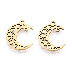 Настоящее золото 18K 201 прелести нержавеющей стали, луна, лазерная резка, ионное покрытие (ip), реальный 18 k позолоченный, 15x12x1 мм, отверстие : 1.2 мм