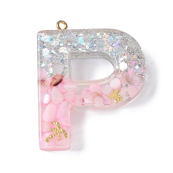 Letter P Подвески из смолы, с ракушкой, пайетками и петлей из сплава глодена, буква а~б, Письмо P, 42~44x11.5~57x7.5~8.5 мм, отверстие : 2 мм