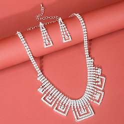 Серебро Комплекты из ожерелий и серег-гвоздиков с подвесками из сплава в форме треугольника и прямоугольника, серебряные, 330 мм