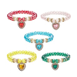 Mixed Color Glass Beaded Stretch Bracelet with Alloy Rhinestone Heart Charm for Women, Mixed Color, Inner Diameter: 2 inch(5cm)