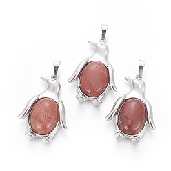 Красный Камень Природные красной яшмы подвески, с латунной фурнитурой , пингвин, платина, 34~35x24~25x5~8 мм, отверстие : 8x5 мм