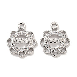 Платина Подвески из латуни с микро паве ко Дню матери, прозрачные подвески с кубическим цирконием, без кадмия, без никеля и без свинца, цветок со словом мама, платина, 15x11.5x2 мм, отверстие : 1.2 мм