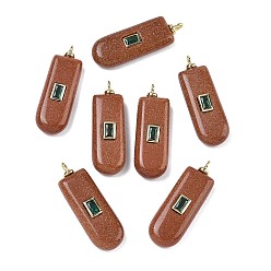 Камень с Пылевым Золотом Синтетические голдстоуновские подвески, прямоугольные подвески с латунной микропаве кубическими цирконами, без свинца и без кадмия, долговечный, стойки покрытие, реальный 18 k позолоченный, 35x12x6~7 мм, отверстие : 2 мм