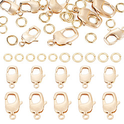 Real 18K Gold Plated 10Pcs 2 Styles Brass Lobster Claw Clasps, Cadmium Free & Nickel Free & Lead Free, with 20Pcs Brass Open Jump Rings, Rectangle, Real 18K Gold Plated, 16x10x3mm, Hole: 1.8mm