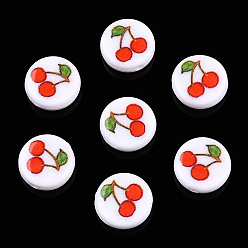 Вишня Непрозрачные акриловые бусины, плоский круглый с рисунком фруктов, вишни шаблон, 11x4 мм, отверстие : 1.5 мм