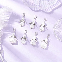 Белый 7шт. подвеска в форме сердца ангела из стекла и АБС-пластика с имитацией жемчуга, с цинковым сплавом застежками омаров коготь, белые, 40~45 мм