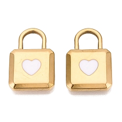 Mint Cream 303 Stainless Steel Enamel Pendants, Lock with Heart Pattern Charms, Ion Plating(IP), Real 18K Gold Plated, Mint Cream, 23.5x15x3mm, Hole: 7x6.5mm