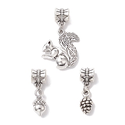 Antique Silver 3Pcs 3 Styles Tibetan Style Alloy Pendants, Squirrel & Cone, Antique Silver, 23.5~32.5mm, Hole: 4.5mm, 1pc/style