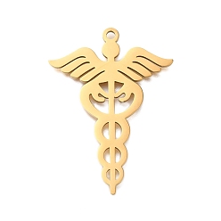 Настоящее золото 18K 304 подвески-змеи из нержавеющей стали, лазерная резка, кадуцей символ медицины амулет, реальный 18 k позолоченный, 39x27x1 мм, отверстие : 1.8 мм