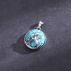 Synthetic Turquoise Flat Round with Cat Synthetic Turquoise  Pendants, with Platinum Alloy Finding, 32x22mm