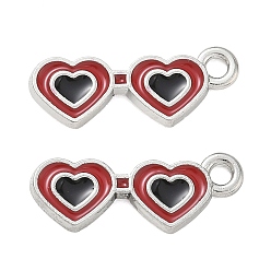 Platinum Alloy Enamel Pendants, Heart Glasses Charms, Long-Lasting Plated, Platinum, 20x12.5x1.5mm, Hole: 1.8mm