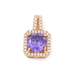 Лиловый Латунные микро проложить кубического циркония подвески, квадратный, долговечный, без свинца и без кадмия, сирень, 18x11x6.5 мм, отверстие : 5.5x2 мм