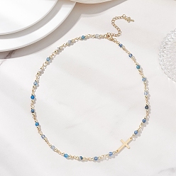 Васильковый Граненые круглые бусины из натурального окрашенного агата и 304 цепочки из крошечных крестиков из нержавеющей стали ручной работы, золотые, васильковый, 16.54~16.73 дюйм (42~42.5 см)