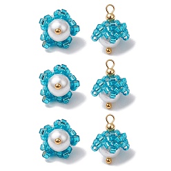 Темно-бирюзовый Подвески-цветы из бисера в форме цилиндра, с круглыми бусинами из ракушек и золотистой латунной петлей, темные бирюзовый, 15x10~11 мм, отверстие : 2 мм