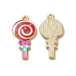 Red Alloy Enamel Pendants, Golden, Lollipop Charm, Red, 24x12x2mm, Hole: 1.5mm