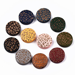 Mixed Color Painted Natural Wood Beads, Laser Engraved Pattern, Flat Round with Leopard Print, Mixed Color, 15x4.5mm, Hole: 1.5mm