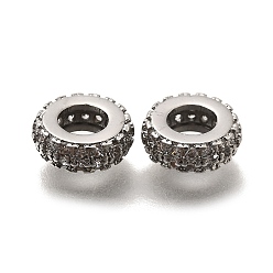 Платина Латунь микропаве прозрачный кубический цирконий европейский бисер, бусины с большим отверстием, плоско-круглые, платина, 8.5x3 мм, отверстие : 4 мм