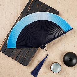 Deep Sky Blue Chinese Style Folding Fan with Tassel, Bamboo Hand Fan for Party Wedding Dancing Decoration, Deep Sky Blue, 215mm