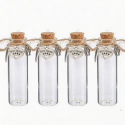 Antique Silver 4Pcs Glass Cork Wishing Bottles, with Alloy Pendants, Column, Antique Silver, 8cm