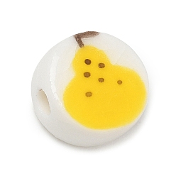 Yellow Handmade Porcelain Beads, Flat Round with Pear, Hand Painted, Yellow, 11x11.5x6~6.5mm, Hole: 2.5mm