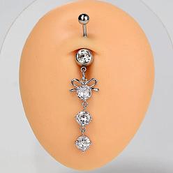 Bowknot 304 Кольца для живота в форме изогнутой штанги из нержавеющей стали с прозрачным кубическим цирконием, серебряный цвет гальваническим, бантом, 59 мм