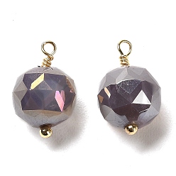 Индиго Стеклянные подвески, с покрытием стойки, петли из латуни с покрытием из настоящего золота 18k, граненые круглые подвески, индиговые, 15x9 мм, отверстие : 1.5 мм