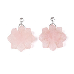 Розовый Кварц Природного розового кварца подвески, подвески-снежинки с дужками из нержавеющей стали, цвет нержавеющей стали, 36~38x30x6.5~7.5 мм, отверстие : 3~4x4.5~5 мм