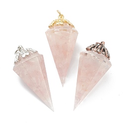 Rose Quartz Resin Pointed Pendants, with Natural Rose Quartz Inside and Brass Findings, Faceted, Cone/Spike/Pendulum, 43.5x17x19.5mm, Jump Ring: 6x1mm, 4mm Inner Diameter