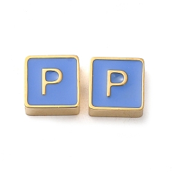 Letter P 304 aus Stahl-Email-Perlen, echt 14 k vergoldet, Quadrat mit Buchstaben, Buchstaben p, 8x8x4 mm, Bohrung: 2 mm