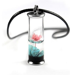 Pink Стеклянные бутылки желая кожаный шнур кулон ожерелья, с сушеными цветами и бусинами из натуральных драгоценных камней внутри, платина, розовые, 17-3/8 дюйм (44.05 см)