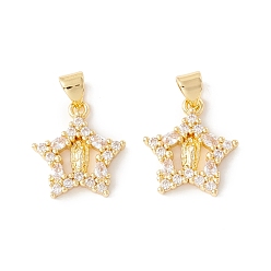 Real 18K Gold Plated Rack Plating Brass Micro Pave Clear Cubic Zirconia Pendants, Long-Lasting Plated, Cadmium Free & Lead Free, Star with Virgin Mary, Real 18K Gold Plated, 17x15.5x3mm, Hole: 4x3mm
