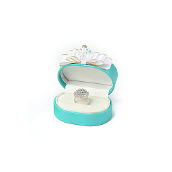 Cyan Oval PU Leather Jewelry Ring Gift Storage Boxes with Bowknot, Cyan, 8x8x4cm