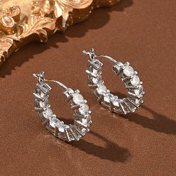 Платина Латунные серьги-кольца из прозрачного кубического циркония, без кадмия и без свинца, долговечный, стойки покрытие, платина, 17.5x19x3 мм