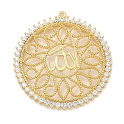 Настоящее золото 18K Покрытие стойки латунь микропаве прозрачные подвески из кубического циркония, долговечный, без свинца и без кадмия, плоский круглый с арабскими чарами, реальный 18 k позолоченный, 41.5x39x4 мм, отверстие : 1.5 мм