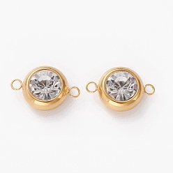 Прозрачный Позолоченные 304 соединители звеньев из нержавеющей стали с фианитом, плоско-круглые, прозрачные, 18x12x7 мм, отверстие : 2 мм
